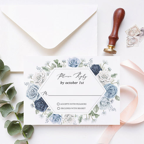 Dusty Blue Navy White Floral Transparent Wedding Invitations